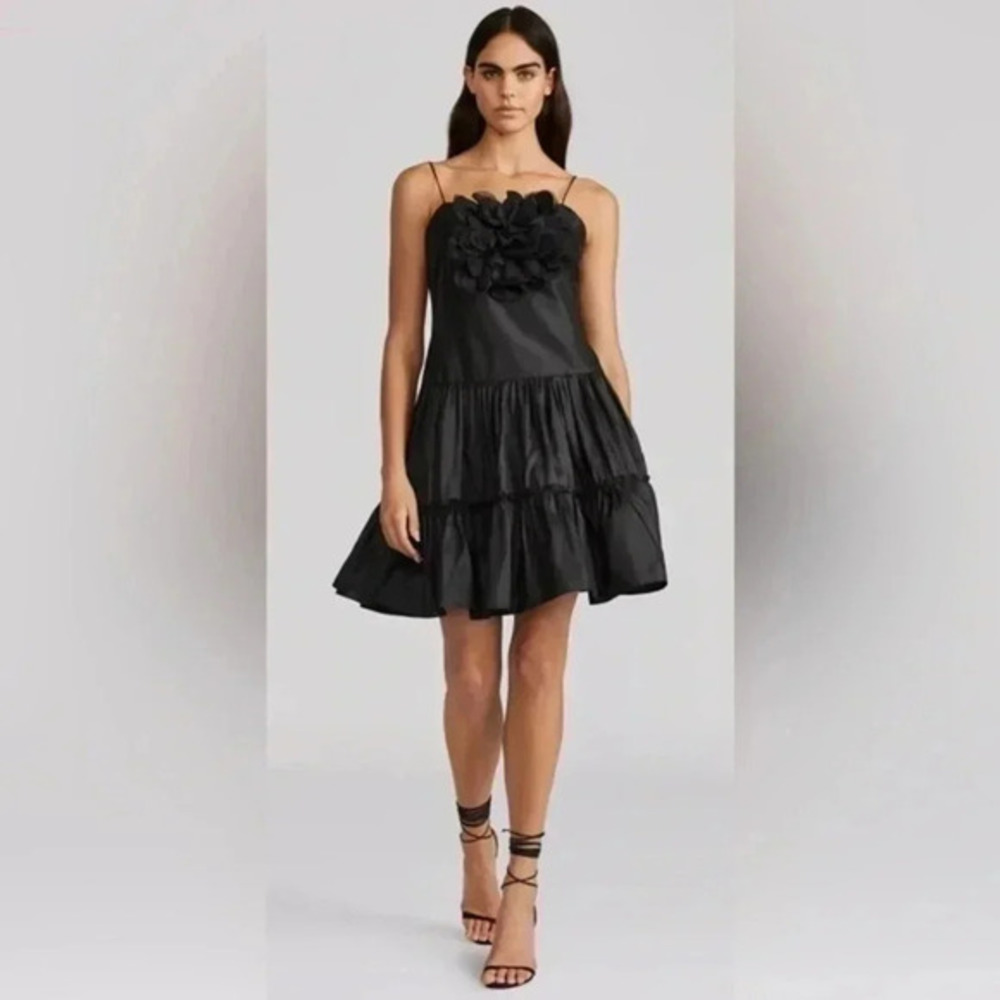 Zac Posen FLORAL APPLIQUE DRESS Black Mini Dress With Flower, Size 2 Brand New